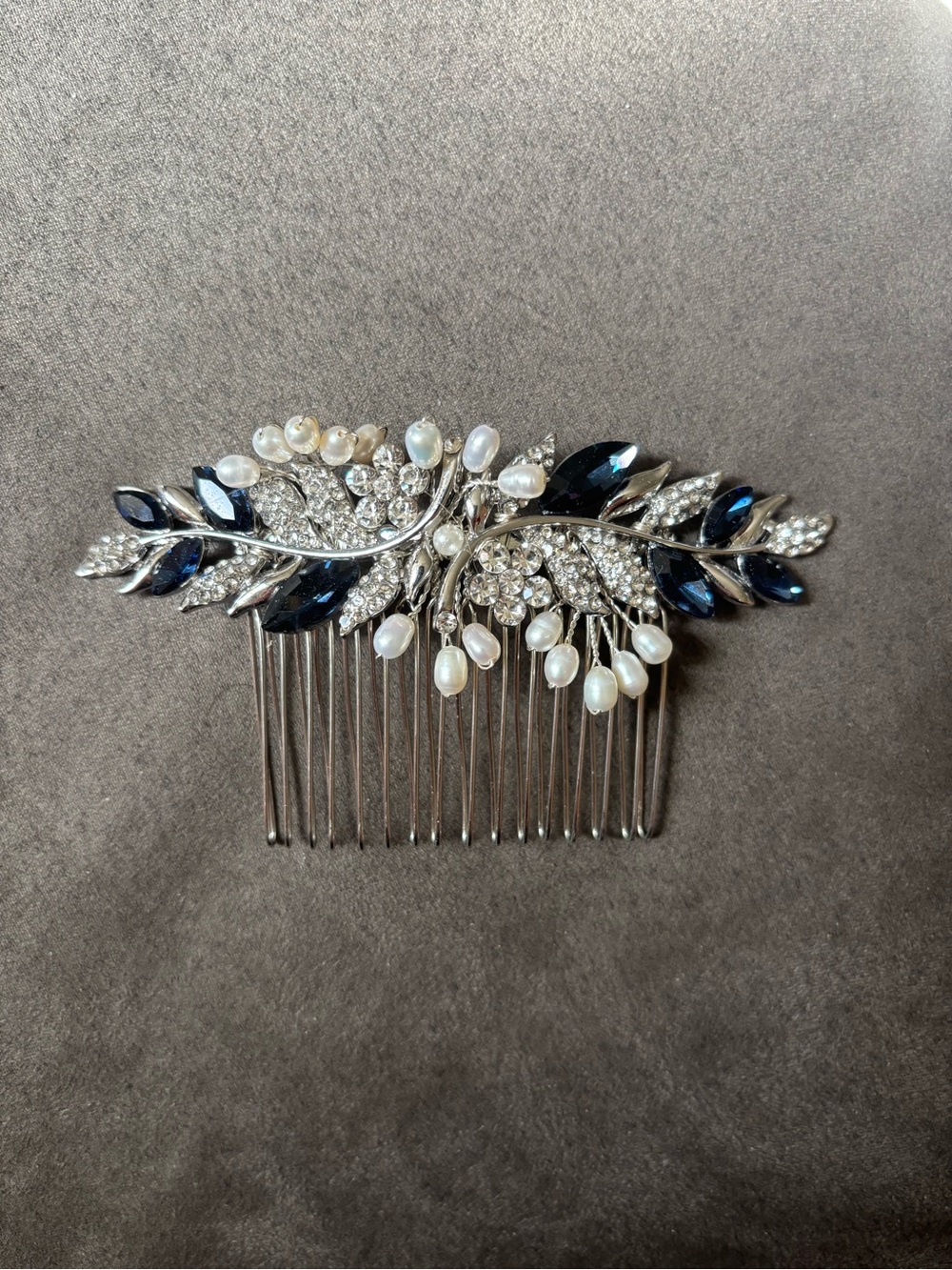 Elegant Silver Hair Comb with Navy Crystals and Pearls